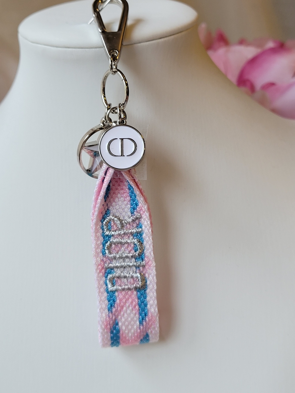Dior Pink, Blue & White Woven Keyring Charm with Silver Logo